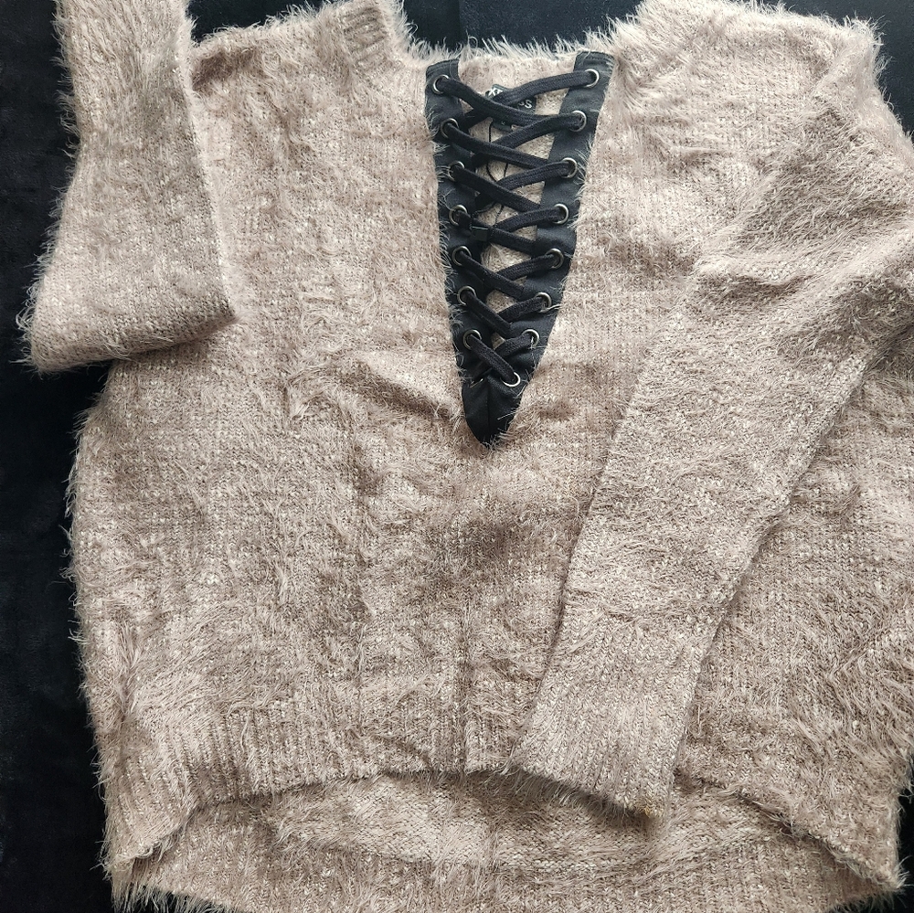 Cozy Tan Sweater with Lace-Up Detail